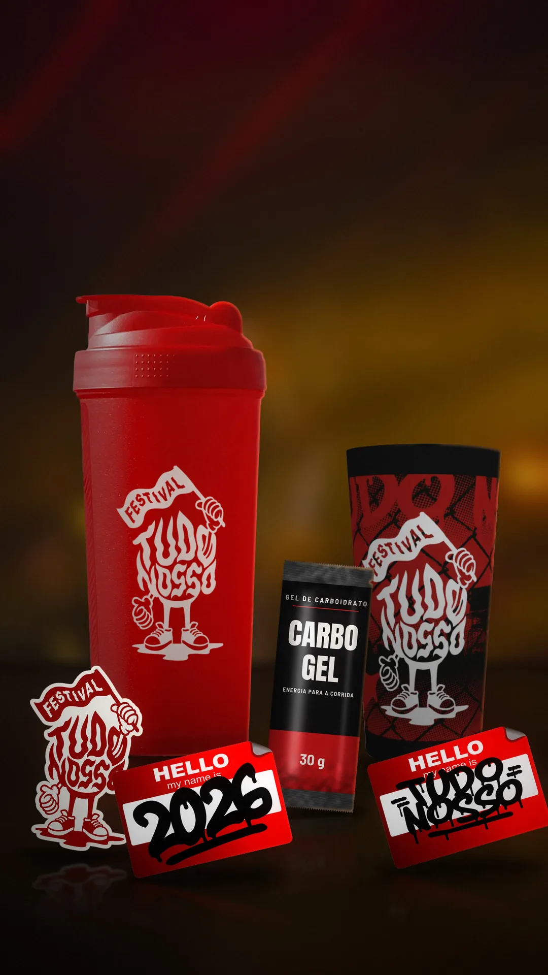 Kit da corrida Tudo Nosso com coqueteleira 600 ml, copo, carbogel e adesivos